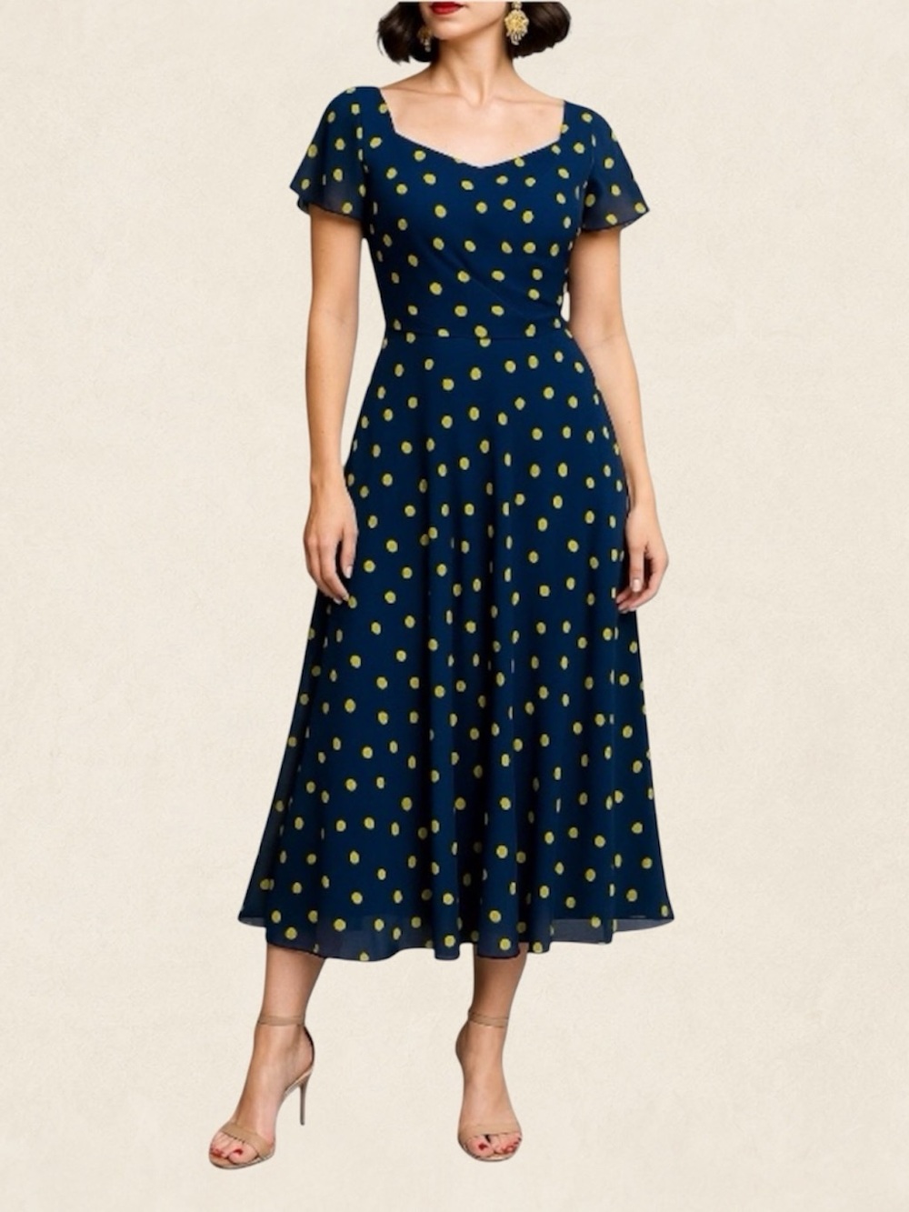Jacques Vert Polka Dot Midi Dress Chiffon 6 Navy Blue Chartreuse Draped Flowy